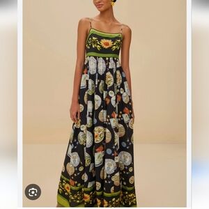 FARM RIO Spaghetti Strap Black Floral Print Maxi Dress. Smocking In The Back